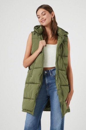 Chaleco Forever 21 Longline Hooded Acolchado Puffer Mujer Verde Oliva | ZlxTdSkHTL4