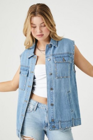 Chaleco Forever 21 Studded Longline Denim Mujer Azules Claro | zqI6ZHQajdK