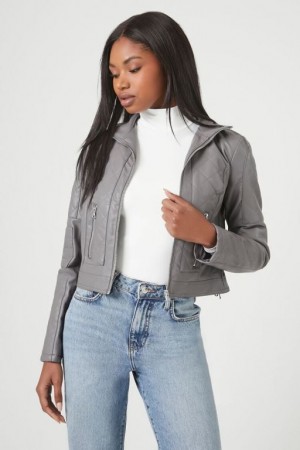 Chaqueta Acolchada Forever 21 Acolchado Faux Cuero Moto Mujer Gris | yREpiCXq3dS