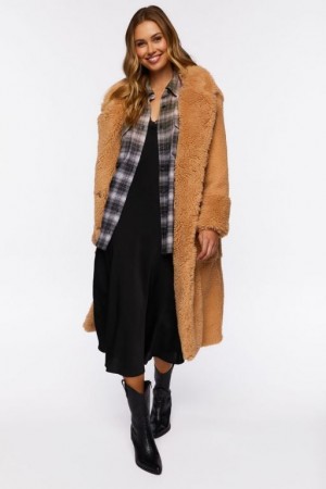 Chaqueta Acolchada Forever 21 Acolchado Faux Shearling Duster Coat Mujer Marrones | DGnOO5a0buH