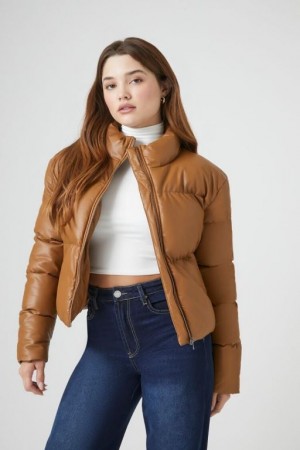 Chaqueta Acolchada Forever 21 Faux Cuero Acolchado Puffer Mujer Marrones | OGzGN6GeTDh