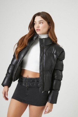 Chaqueta Acolchada Forever 21 Faux Cuero Acolchado Puffer Mujer Negras | 1NPQdoHQ5a4