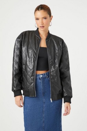 Chaqueta Acolchada Forever 21 Faux Cuero Acolchado Bomber Mujer Negras | UJATP8HFLH8