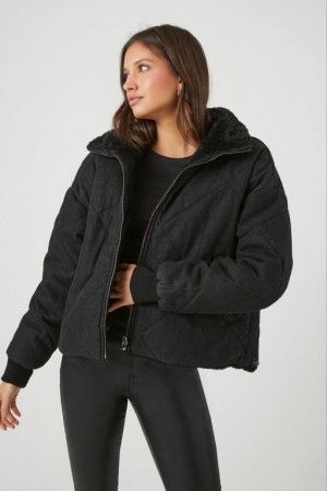 Chaqueta Acolchada Forever 21 Faux Fur Trim Acolchado Puffer Mujer Negras | 9mDe7eZA9bH