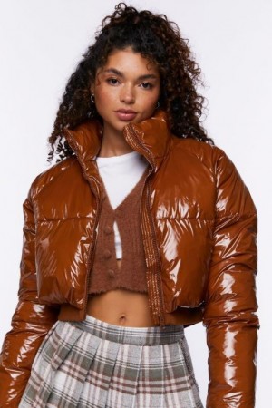 Chaqueta Acolchada Forever 21 Faux Patent Cuero Puffer Mujer Marrones | ILCT7emJopM