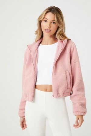 Chaqueta Acolchada Forever 21 Faux Shearling Zip Up Mujer Rosas | vXCnNyMzX2r