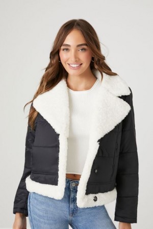 Chaqueta Acolchada Forever 21 Faux Shearling Acolchado Bomber Mujer Negras Creme | ghMNB98P3qx