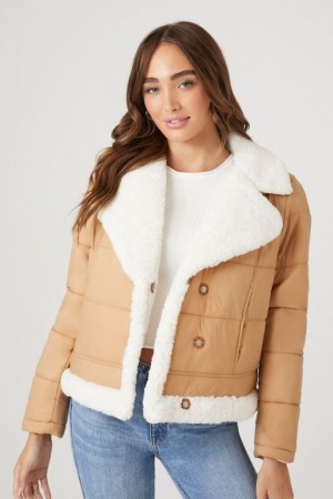 Chaqueta Acolchada Forever 21 Faux Shearling Acolchado Bomber Mujer Marrones Creme | dQyCWztYUQy