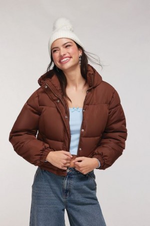 Chaqueta Acolchada Forever 21 Hooded Puffer Mujer Chocolate | DFw9TG2s5AP