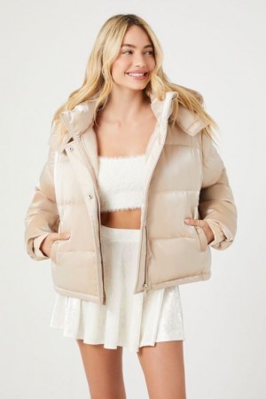 Chaqueta Acolchada Forever 21 Metallic Acolchado Puffer Mujer Beige | 3OEcUWOgp7o