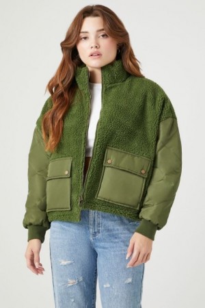 Chaqueta Acolchada Forever 21 Reversible Faux Shearling Trucker Mujer Gris Verde | xLM8j6eXGE5