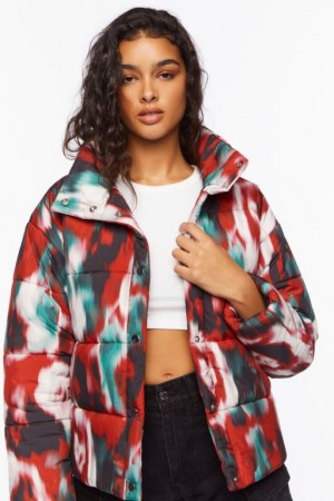 Chaqueta Acolchada Forever 21 Watercolor Print Puffer Mujer Rojas Multicolor | BhofQaDs6sd