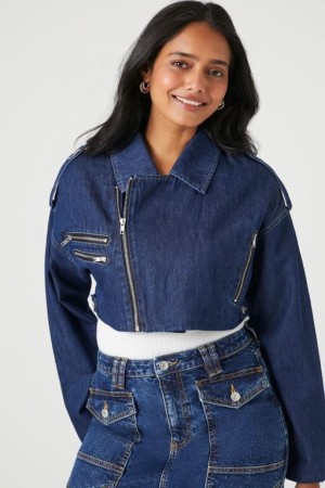 Chaquetas De Mezclilla Forever 21 Cropped Denim Zip Up Moto Mujer Azules | cy0ljp9lKmX