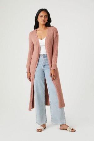 Cárdigan Forever 21 Acanalado Longline Mujer Beige | u0k4jtojXn8