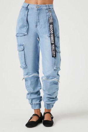 Jeans Forever 21 Cuffed High Rise Cargo Mujer Azules Claro | ujqjzmku5Wo