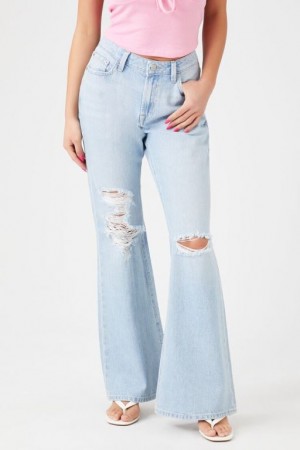 Jeans Forever 21 Distressed Flare Mujer Azules Claro | OmGnXsV2jiT