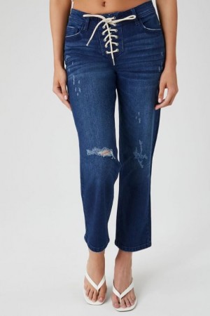 Jeans Forever 21 Distressed Lace Up Flare Mujer Azules Oscuro | bJitBcOmogB