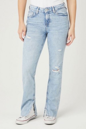 Jeans Forever 21 Distressed Split Hem Directo Leg Mujer Azules Claro | JVFzE5cckyq