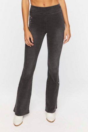 Jeans Forever 21 Embroidered High Rise Flare Mujer Negras | V8WiL8rdm1d