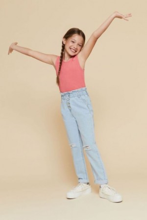 Jeans Forever 21 Girls Distressed Paperbag Niños Azules Claro | KzaEVMk3ziZ