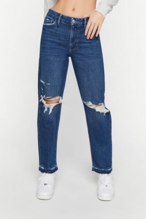 Jeans Forever 21 Recycled Cotton Distressed Directo Leg Mujer Azules Oscuro | bGQ1aRnQOBm