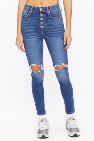 Jeans Forever 21 Recycled Cotton Distressed Flaco Mujer Azules Oscuro | foai8vrI0x3