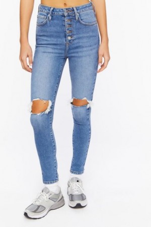 Jeans Forever 21 Recycled Cotton Distressed Flaco Mujer Azules | Cisj4fXaNhs