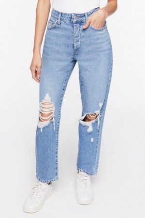 Jeans Forever 21 Recycled Cotton Distressed Mom Mujer Azules | VygF8Mi8VvY