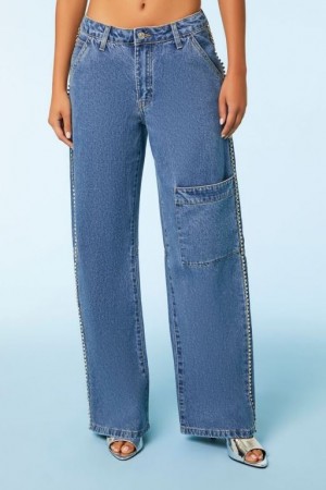 Jeans Forever 21 Rhinestone Trim Cargo Mujer Azules | TVCYk4CBn3O