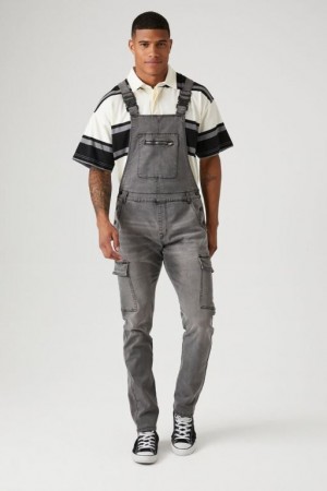 Jeans Forever 21 Stone Wash Denim Cargo Overalls Hombre Negras | CJ6fidaFCGf