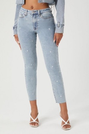 Jeans Forever 21 Studded Mid Rise Flaco Ankle Mujer Azules Claro | L1QRfsfDx6b