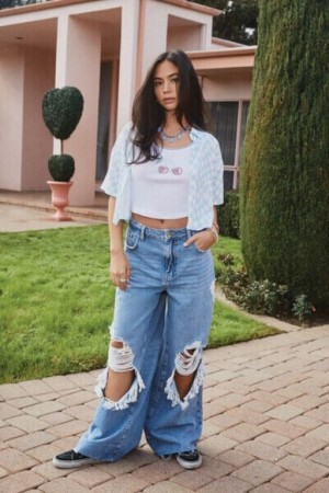 Jeans Forever 21 Wide Leg Distressed Mujer Azules | VwVUp0Mikxz