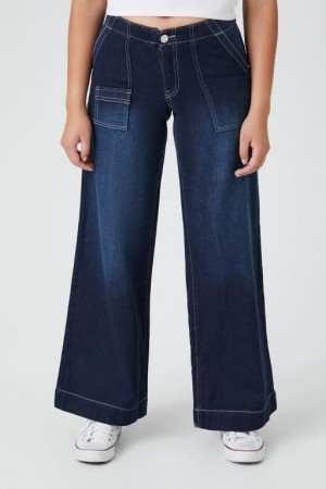 Jeans Forever 21 Wide Leg Low Rise Mujer Azules Oscuro | OH4XMwBAKYx