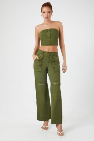 Jeans Forever 21 Zip Pocket Wide Leg Mujer Verde Oliva | 1b80mYsVYjp