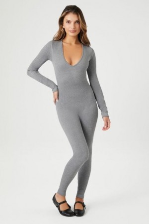 Jumpsuits Forever 21 Acanalado V Neck Jumpsuit Mujer Gris | 26GUMxNxSeQ