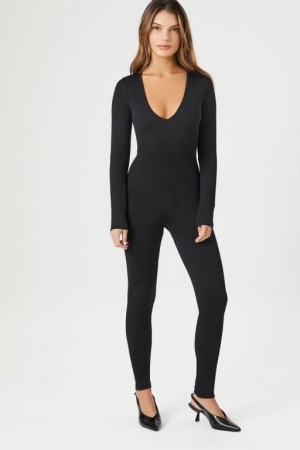 Jumpsuits Forever 21 Acanalado V Neck Jumpsuit Mujer Negras | akBNOyXLsma