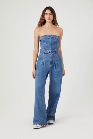 Jumpsuits Forever 21 Belted Denim Tube Jumpsuit Mujer Azules | 0Zd9KuidETM