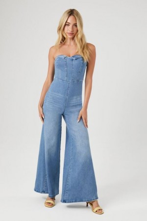 Jumpsuits Forever 21 Denim Sweetheart Wide Leg Jumpsuit Mujer Azules | M54hsydB4fp