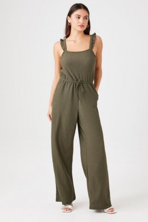 Jumpsuits Forever 21 Drawstring Wide Leg Jumpsuit Mujer Verde Oliva | WTmnC76bPPP