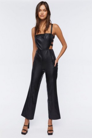 Jumpsuits Forever 21 Faux Cuero Cutout Jumpsuit Mujer Negras | NzvOjZPIQMw