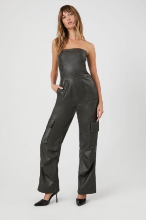 Jumpsuits Forever 21 Faux Cuero Tube Cargo Jumpsuit Mujer Gris | am1TmObOdXv