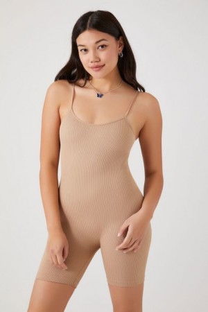 Jumpsuits Forever 21 Fitted Rib Knit Cami Romper Mujer Beige | vUQZ8KED6y6