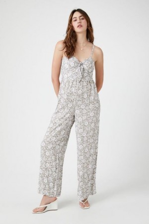 Jumpsuits Forever 21 Floral Print Wide Leg Jumpsuit Mujer Verde Oliva Multicolor | 0dGiTeFjtD2