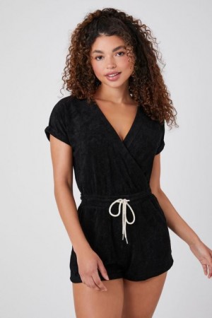 Jumpsuits Forever 21 French Terry Surplice Romper Mujer Negras | mgWjcDrYouy