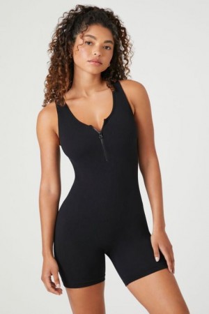 Jumpsuits Forever 21 Half Zip Sleeveless Romper Mujer Negras | FQCyUhmest8