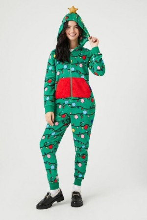 Jumpsuits Forever 21 Hooded Christmas Tree Jumpsuit Mujer Verde Multicolor | SsUYlSSuugX