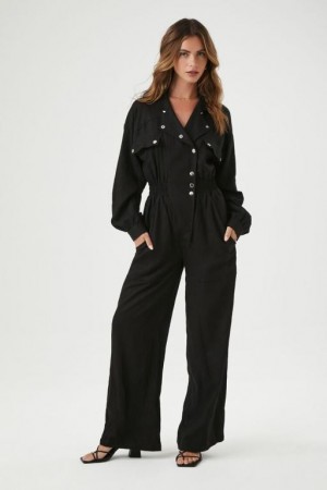 Jumpsuits Forever 21 Linen Blend Notched Jumpsuit Mujer Negras | v3rnVTHpTaC