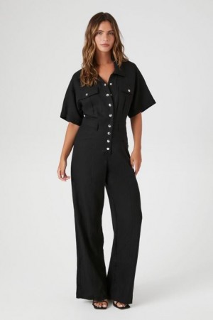 Jumpsuits Forever 21 Linen Snap Button Jumpsuit Mujer Negras | Z7M9xP83Fyv