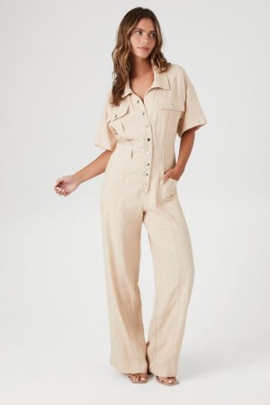 Jumpsuits Forever 21 Linen Snap Button Jumpsuit Mujer Beige | YP2o9ELfHkx