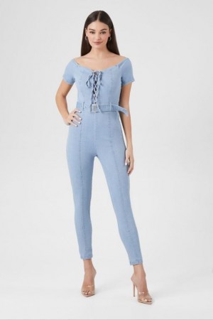 Jumpsuits Forever 21 Off The Shoulder Denim Jumpsuit Mujer Azules Claro | UP8nhuuh1NC